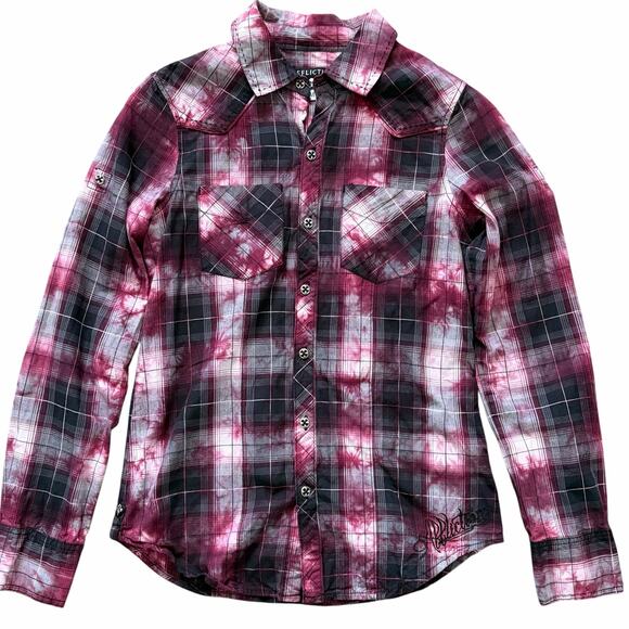 Affliction Womens Y2K Button Up Shirt M Black Maroon Plaid Moto Spell Out Logo - Picture 1 of 12